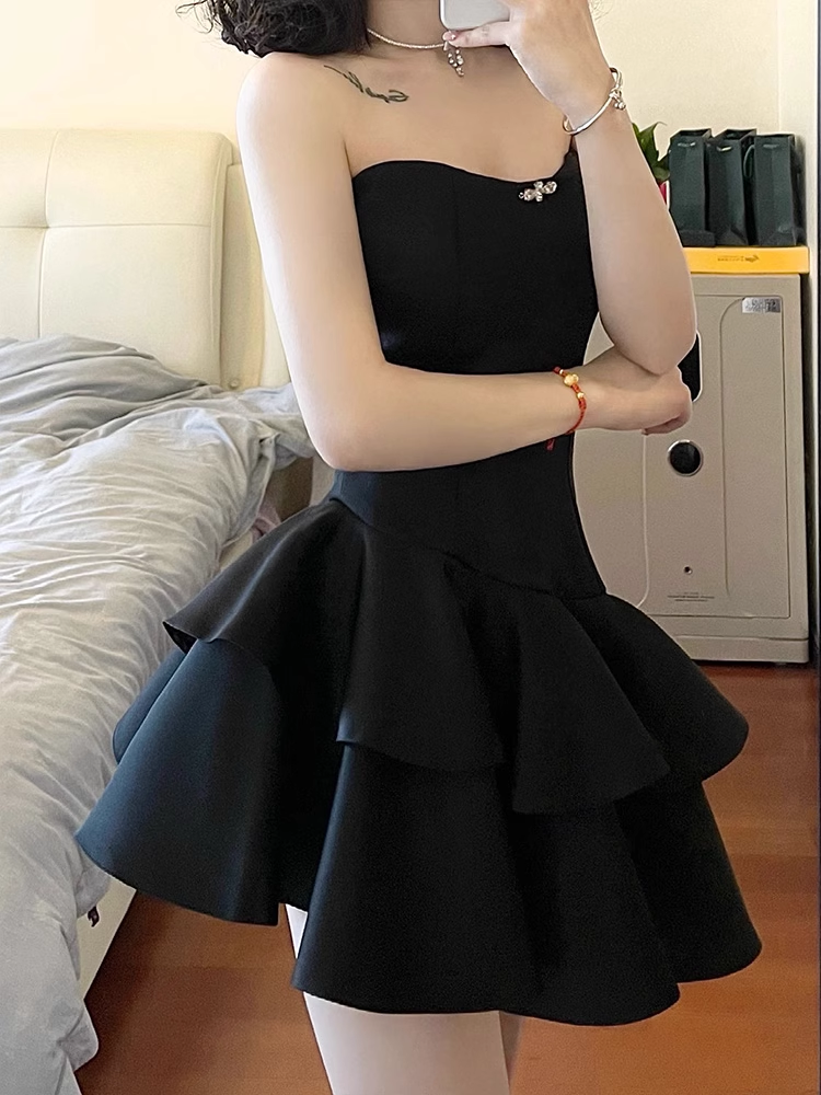 Cute A-Line Strapless Little Black Dress Hoco Dresses Short Satin Birthday Outfits - View 3 | FashionDia