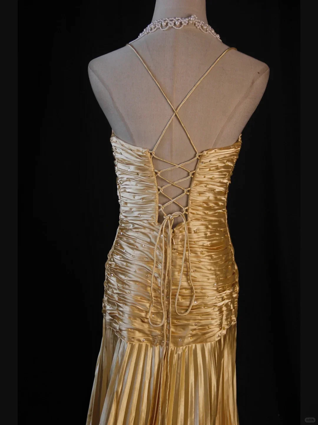 Classy A Line Halter Gold Satin Beads Long Evening Dress Prom Dresses