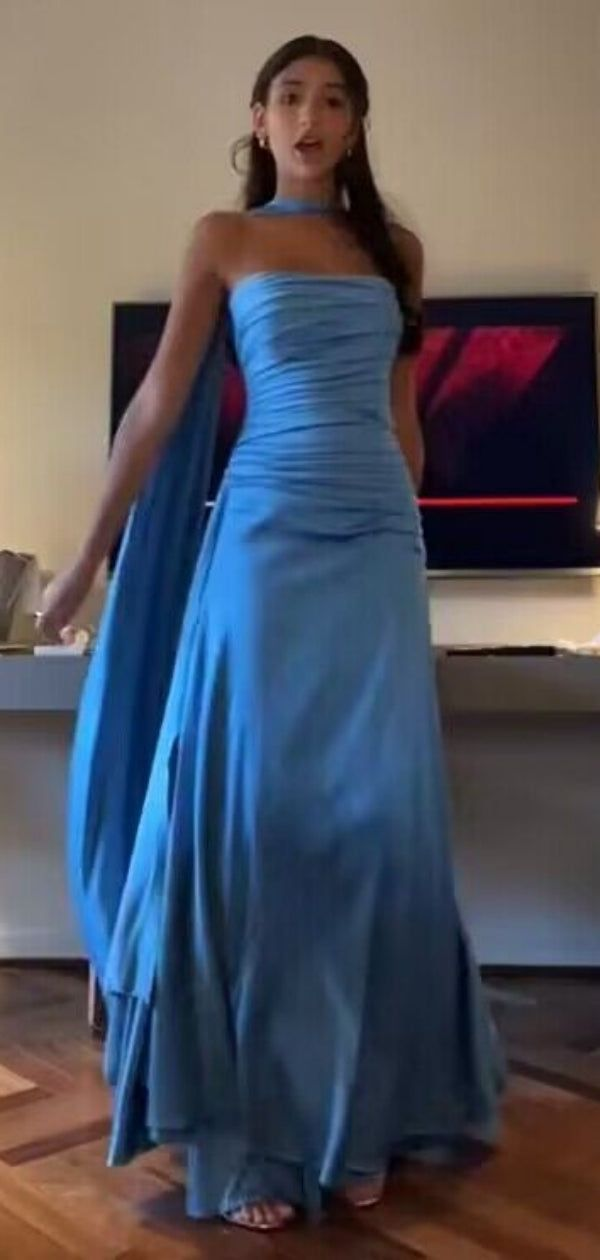 Classy Sheath Strapless With Ribbon Blue Ruffles Long Prom Dress - View 6 | FashionDia