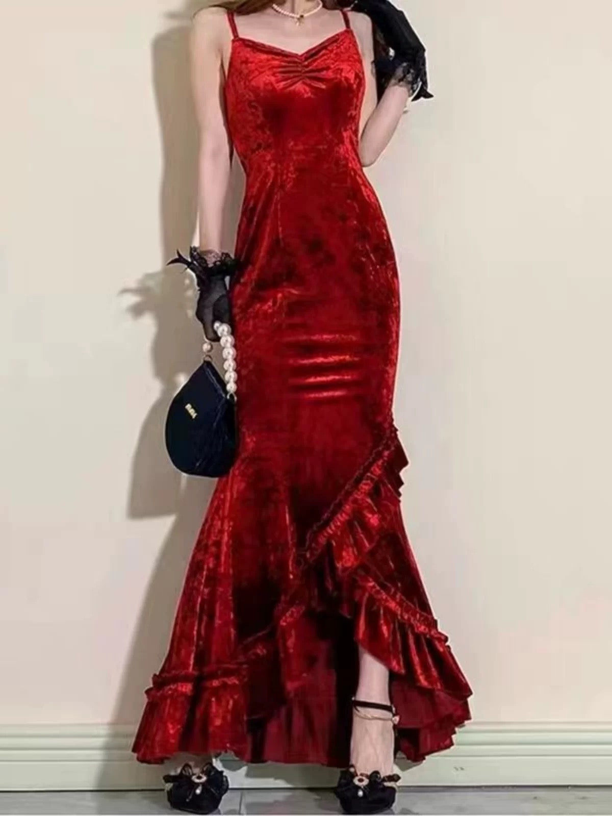 Classy Mermaid Spaghetti Straps Burgundy Ruffles Long Prom Dress