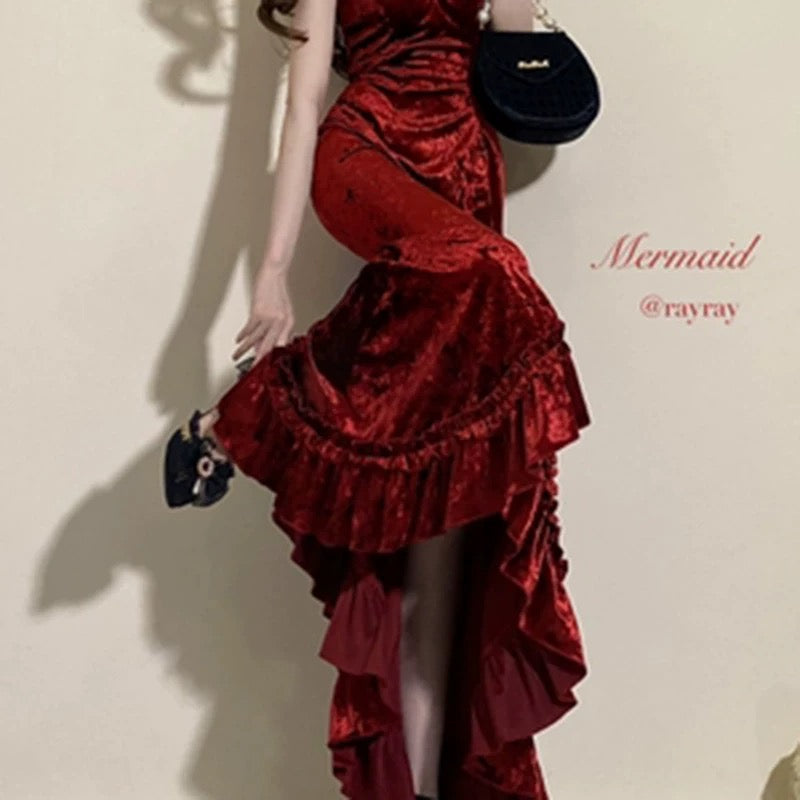 Classy Mermaid Spaghetti Straps Burgundy Ruffles Long Prom Dress