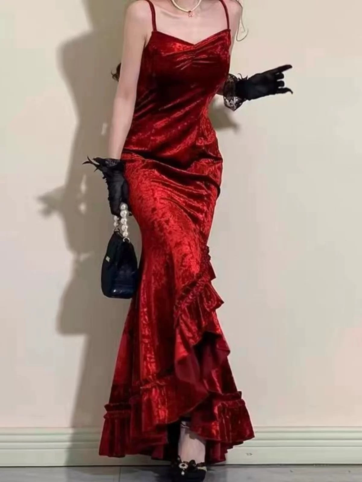 Classy Mermaid Spaghetti Straps Burgundy Ruffles Long Prom Dress