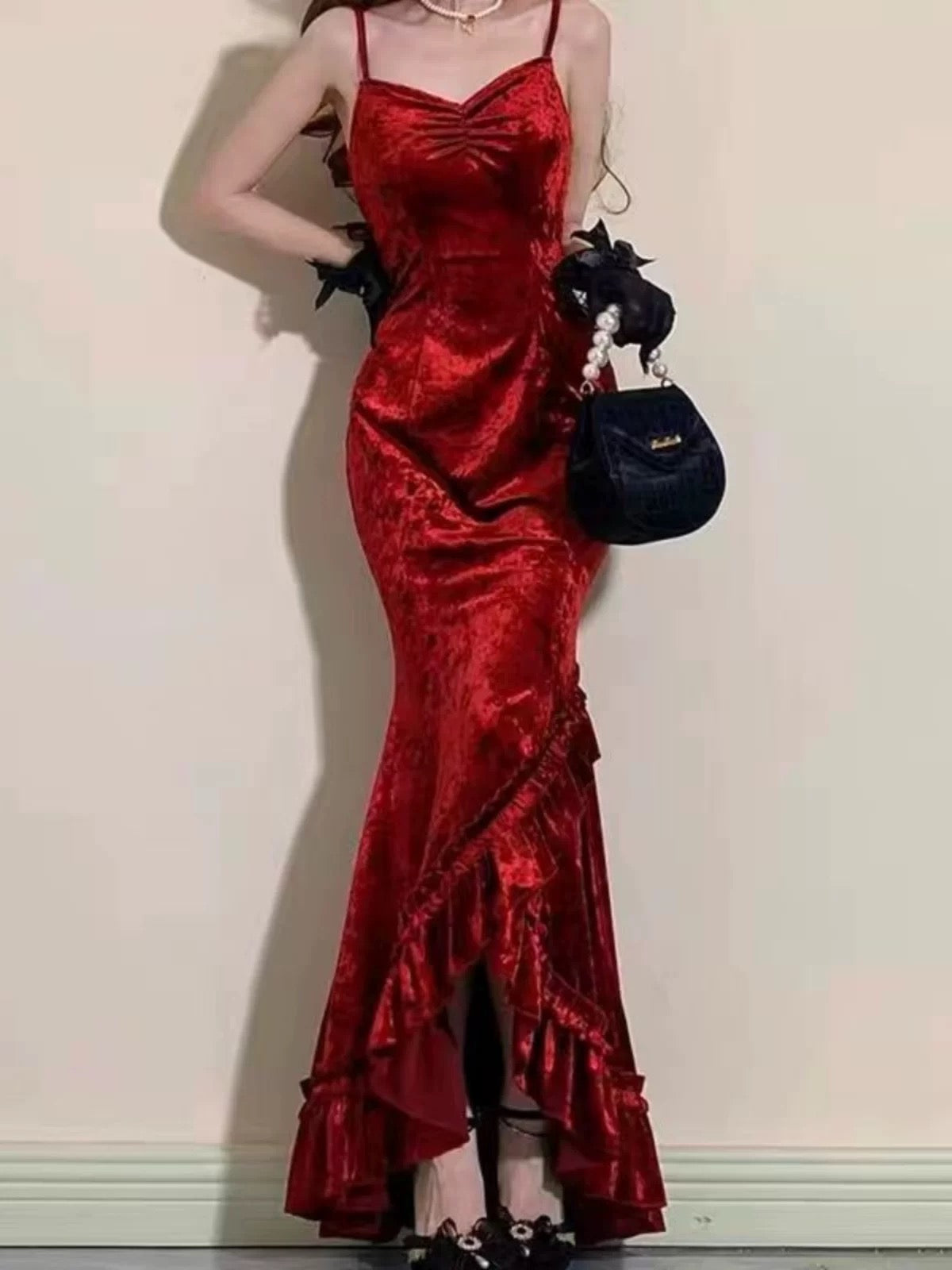 Classy Mermaid Spaghetti Straps Burgundy Ruffles Long Prom Dress