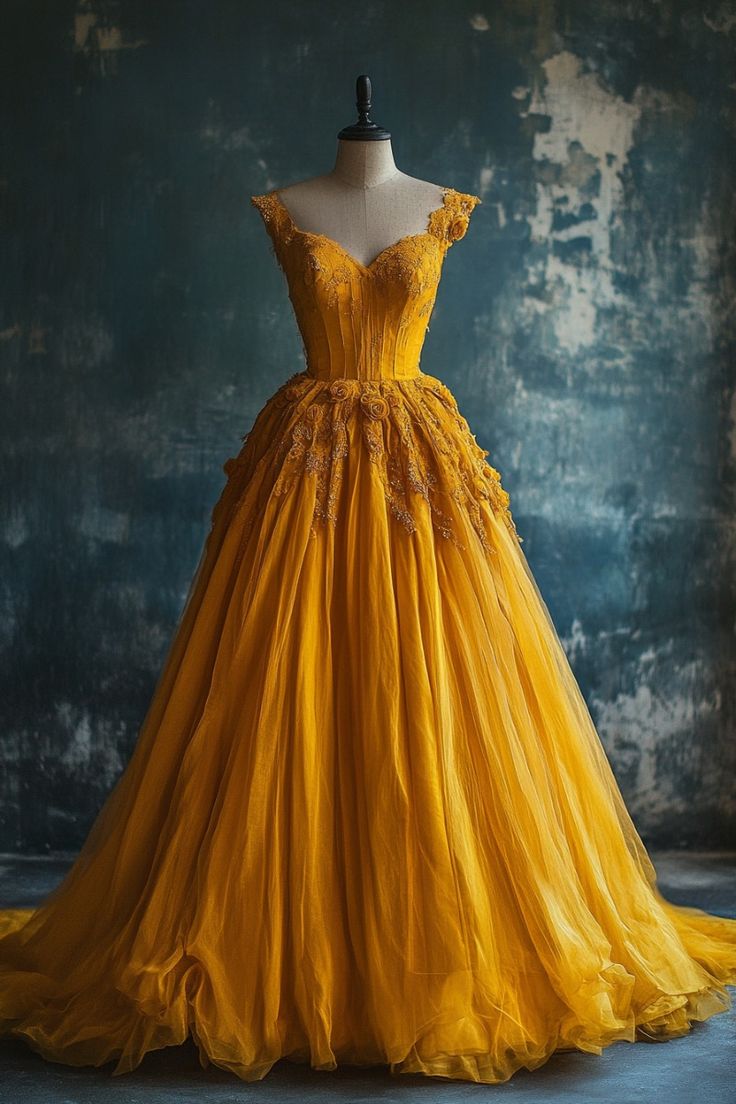 Classy Ball Gown Short Sleeves Yellow Lace Long Party Dress Satin Prom Dresses - FashionDia