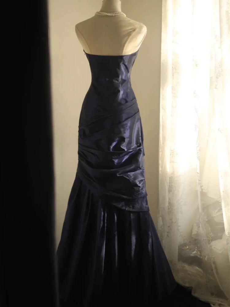 Classy Mermaid Strapless Navy Blue Organza Long Evening Gowns Prom Dress - View 2 | FashionDia