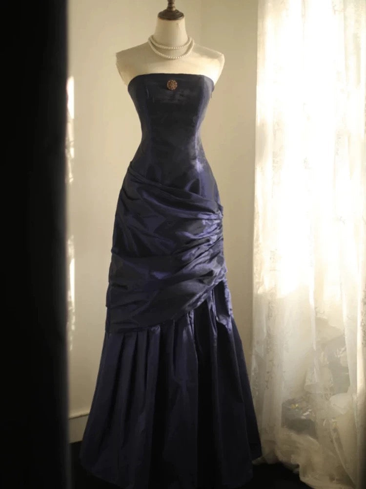 Classy Mermaid Strapless Navy Blue Organza Long Evening Gowns Prom Dress - FashionDia