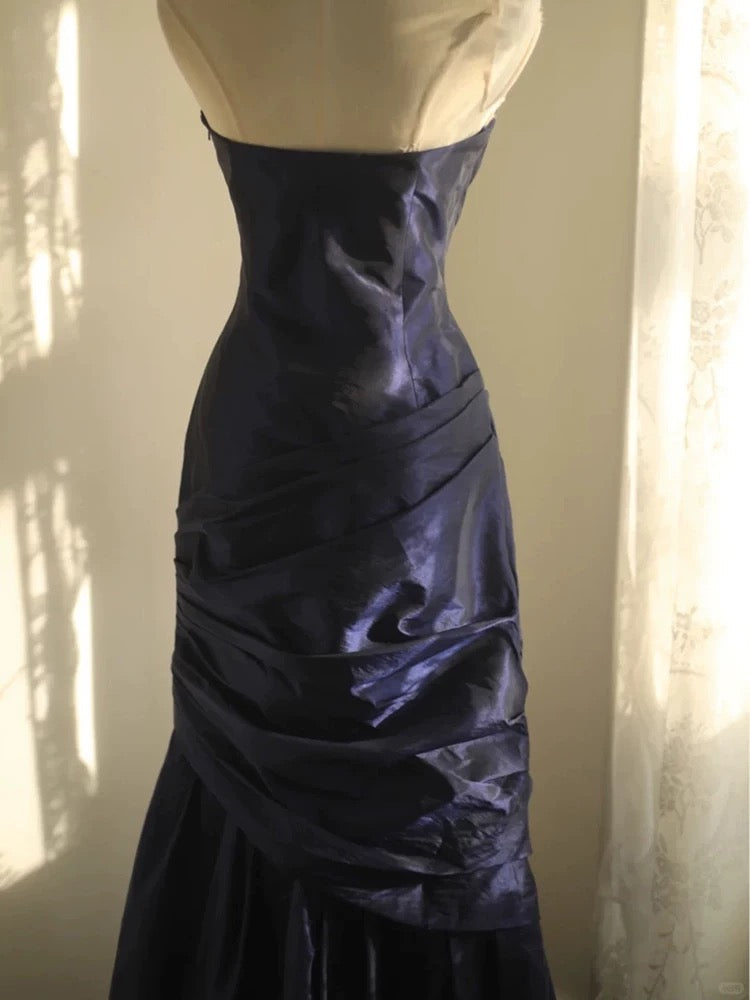 Classy Mermaid Strapless Navy Blue Organza Long Evening Gowns Prom Dress - View 3 | FashionDia