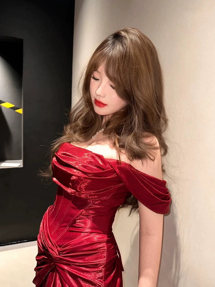 Classy Mermaid Off-the-Shoulder Red Satin Long Evening Gowns Split Prom Dress - View 3 | FashionDia