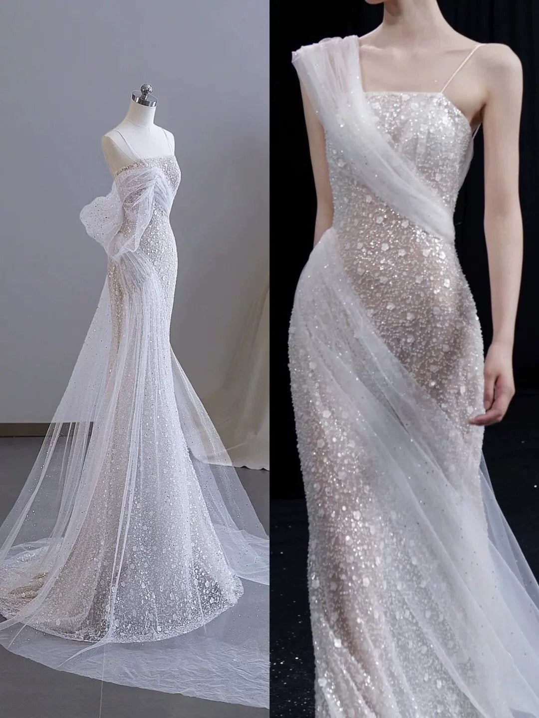Classy Mermaid Spaghetti Straps White Sequin Long Wedding Dress Bridal Dresses