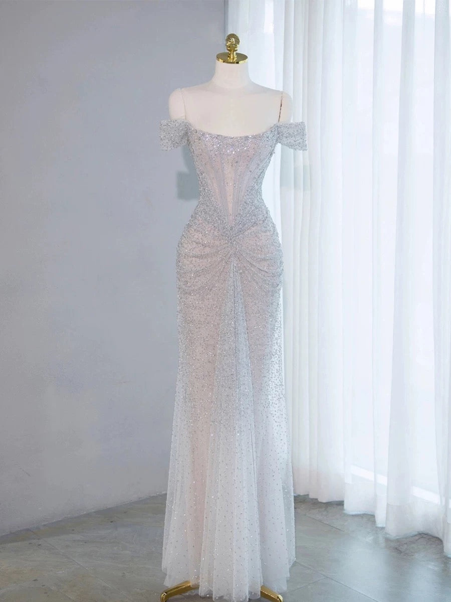 Pretty Mermaid Off The Shoulder Silver Sequin Evening Dress Prom Dresses