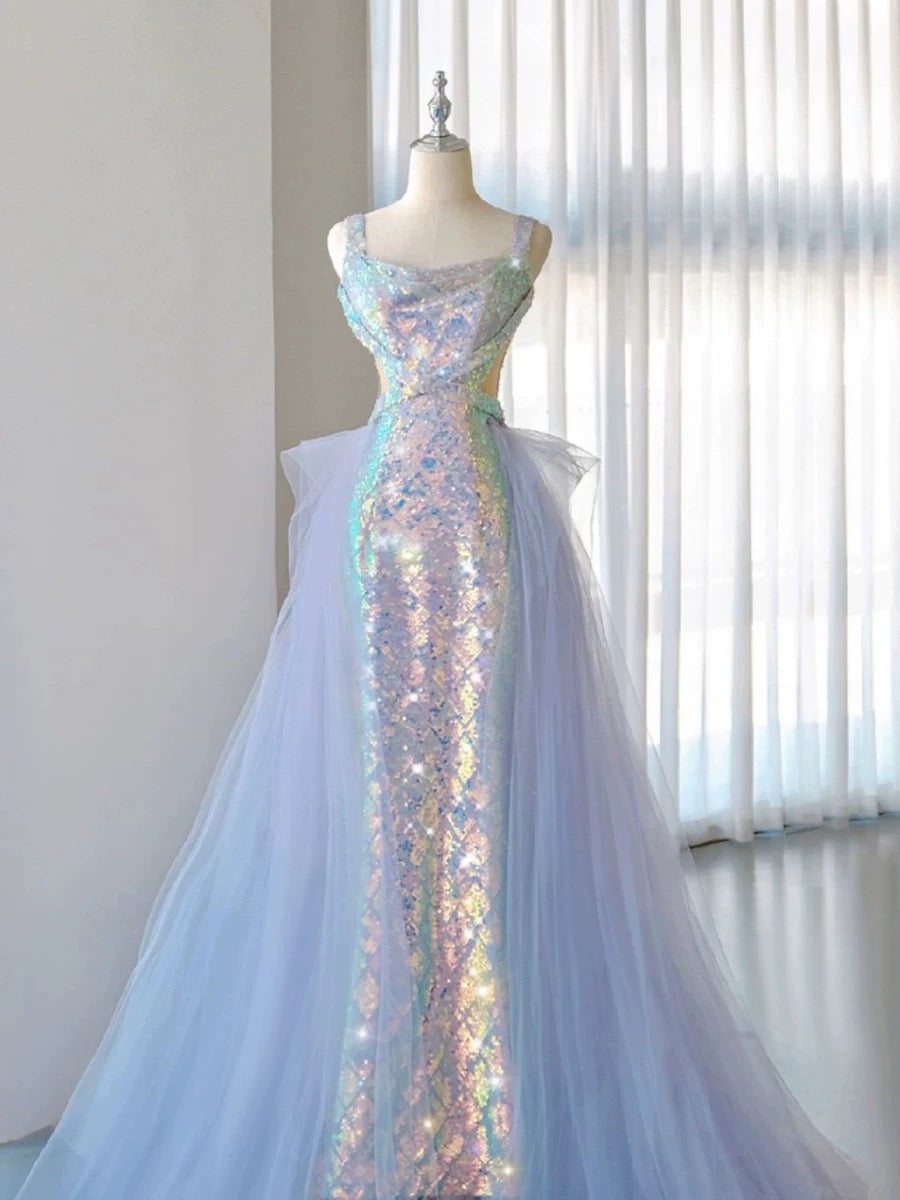 Pretty Mermaid Square Neckline Sequin Long Evening Dress Prom Dresses