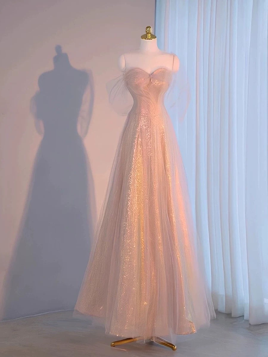 Pretty A-Line Sweetheart Pink Sequin Long Length Evening & Prom Dress - FashionDia