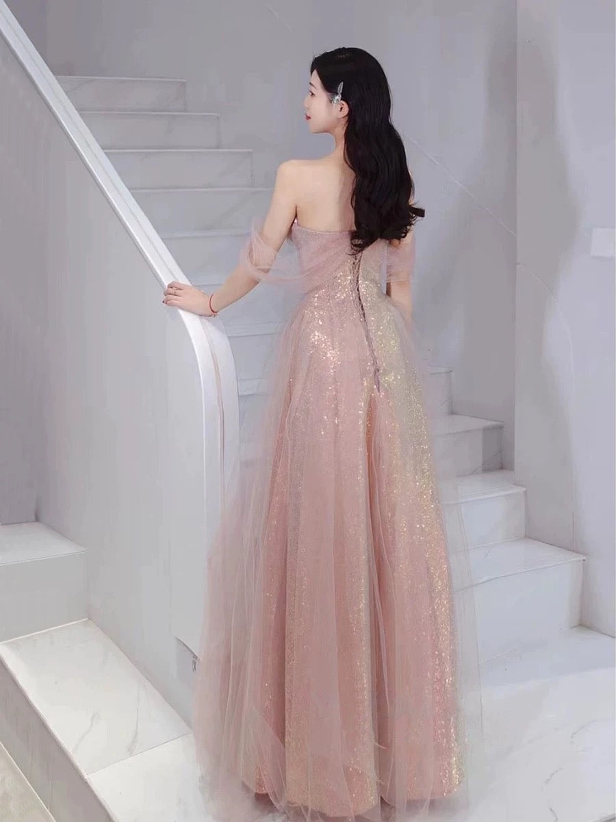 Pretty A-Line Sweetheart Pink Sequin Long Length Evening & Prom Dress - View 2 | FashionDia