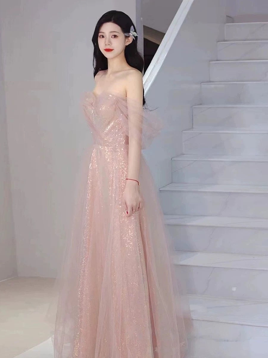 Pretty A-Line Sweetheart Pink Sequin Long Length Evening & Prom Dress - View 3 | FashionDia