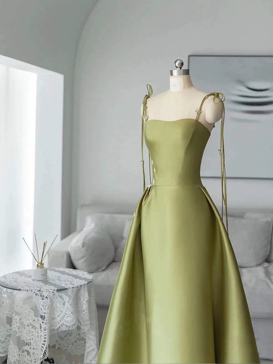 Pretty Ball Gown Straps Sage Green Satin Long Length Evening & Prom Dress - View 2 | FashionDia