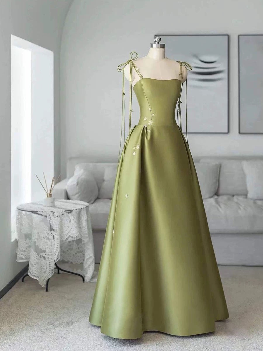Pretty Ball Gown Straps Sage Green Satin Long Length Evening & Prom Dress - FashionDia