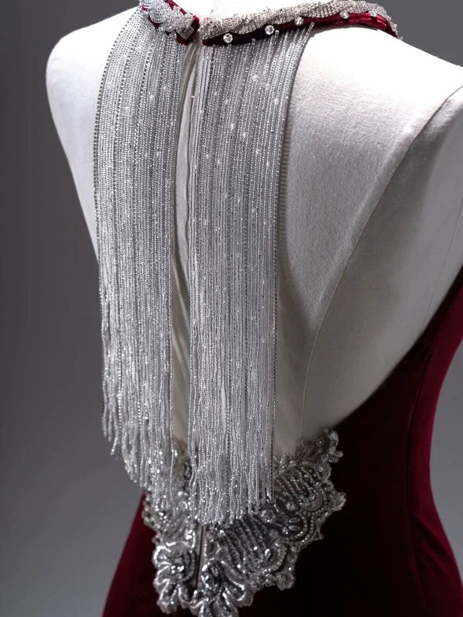 Pretty Mermaid Burgundy Velvet Long Backless Evening & Prom Dress - View 5 | FashionDia