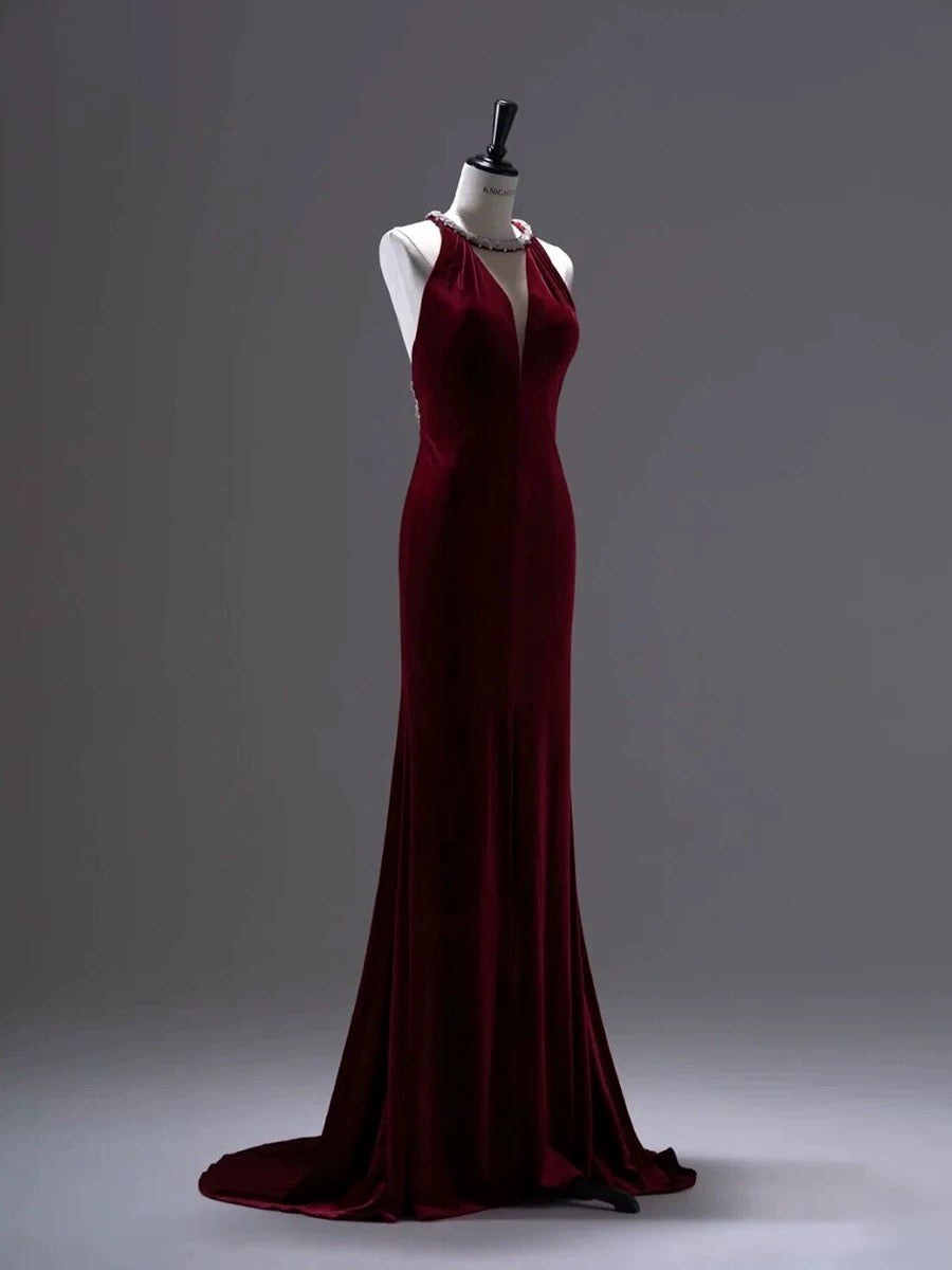 Pretty Mermaid Burgundy Velvet Long Backless Evening & Prom Dress - FashionDia