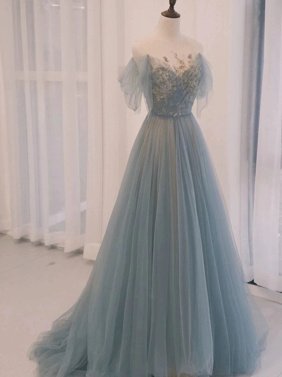 Pretty A Line Off The Shoulder Blue Tulle Long Length Evening Dress Prom Dresses