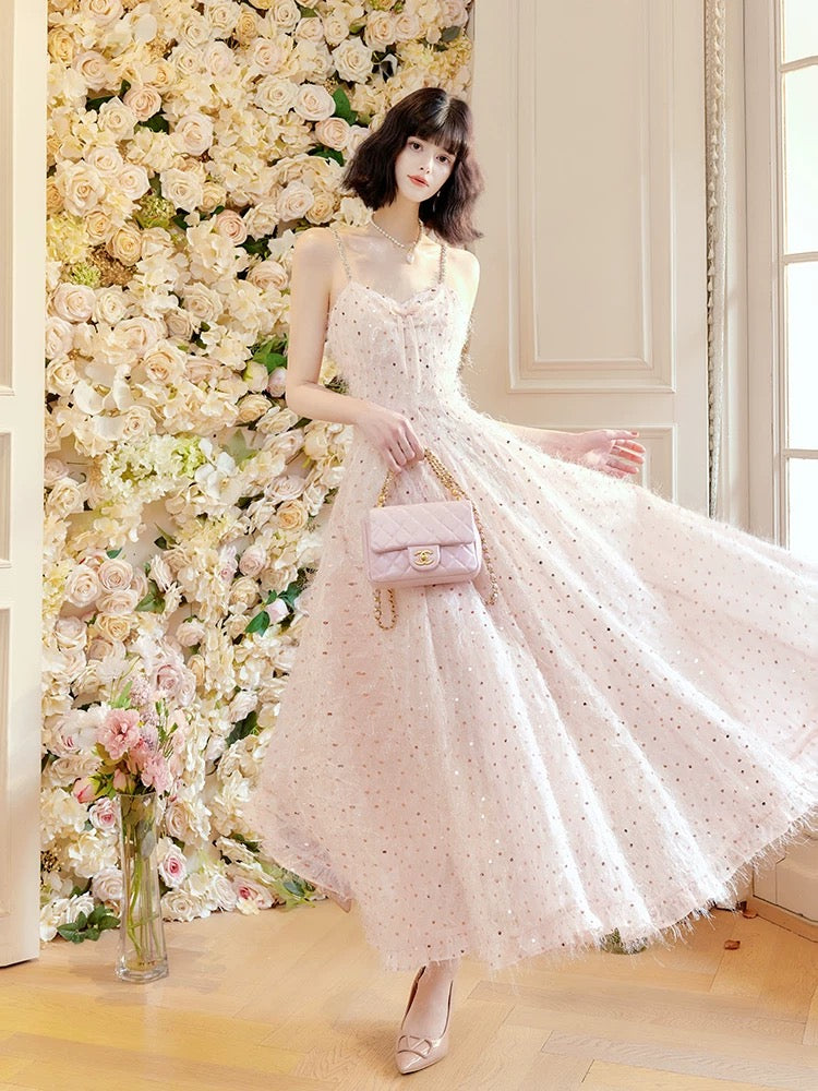 Pretty A Line Spaghetti Straps Pink Ankle Length Evening Dress Prom Dresses