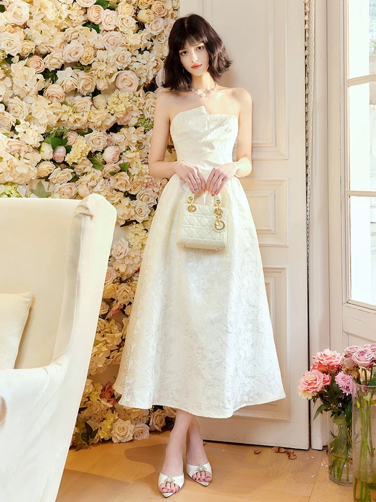 Pretty A Line Strapless Neckline White Ankle Length Evening Dress Prom Dresses