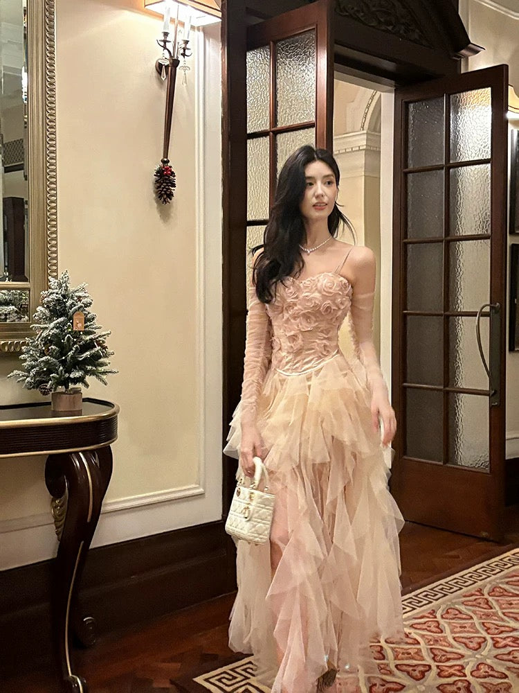 Pretty High-Low Spaghetti Straps Tulle Pink Floral Ankle Length Evening & Prom Dress - FashionDia