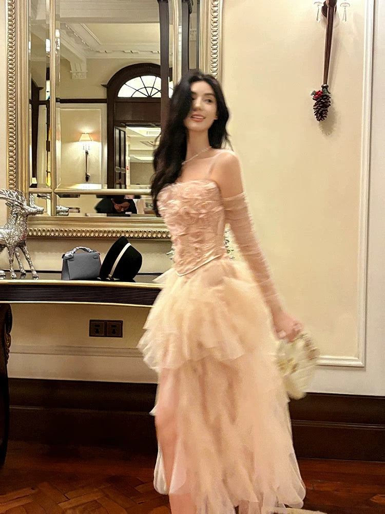 Pretty High-Low Spaghetti Straps Tulle Pink Floral Ankle Length Evening & Prom Dress - View 3 | FashionDia