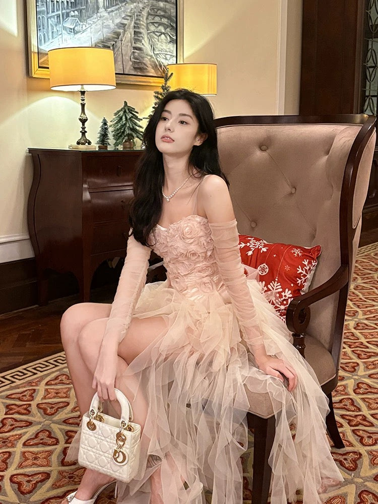 Pretty High-Low Spaghetti Straps Tulle Pink Floral Ankle Length Evening & Prom Dress - View 2 | FashionDia