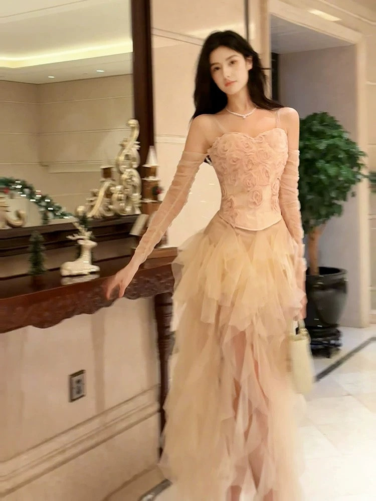 Pretty High-Low Spaghetti Straps Tulle Pink Floral Ankle Length Evening & Prom Dress - View 5 | FashionDia