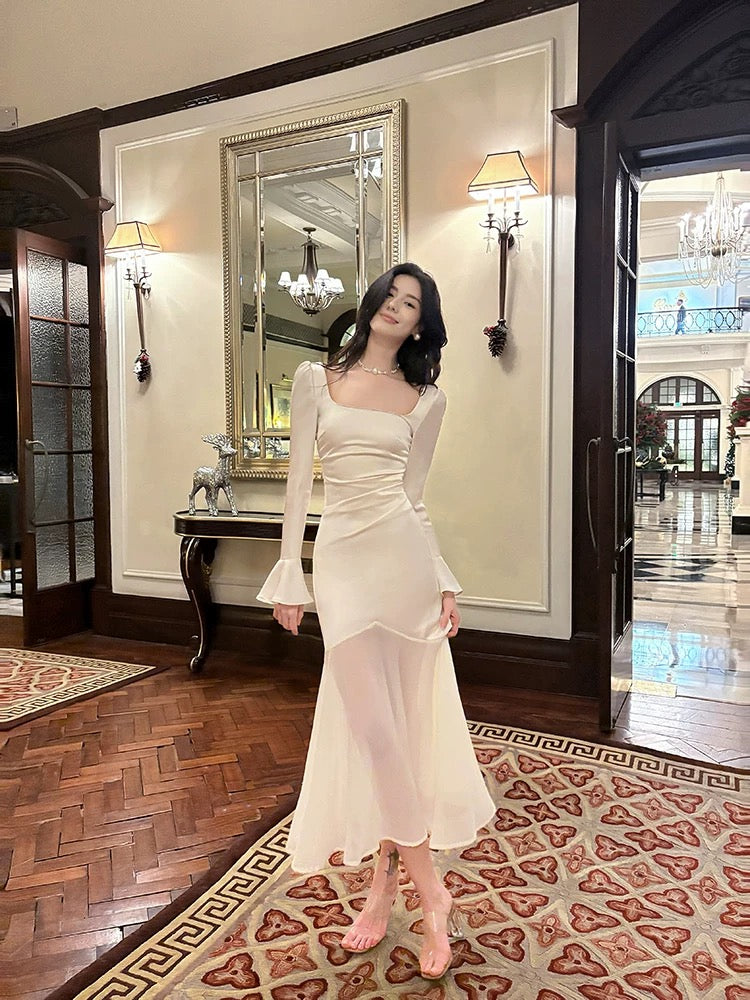 Pretty Mermaid Squere Neckline Satin Ankle Length Evening Dress Prom Dresses