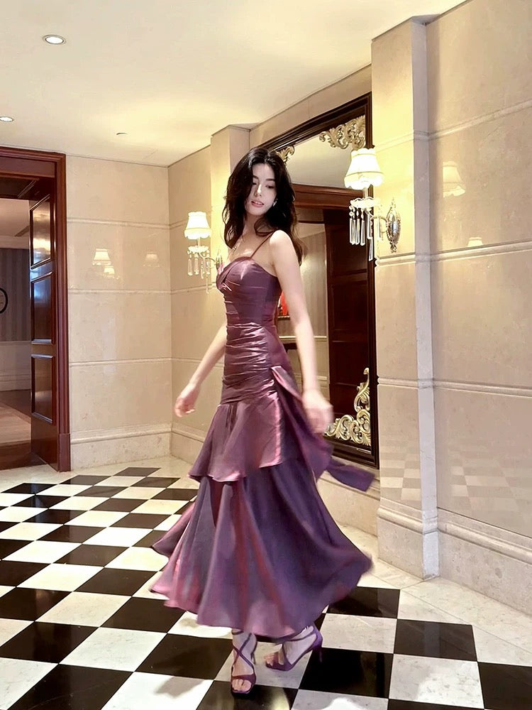 Retro Mermaid Spaghetti Straps Long Length Grape Evening Dress Prom Dresses