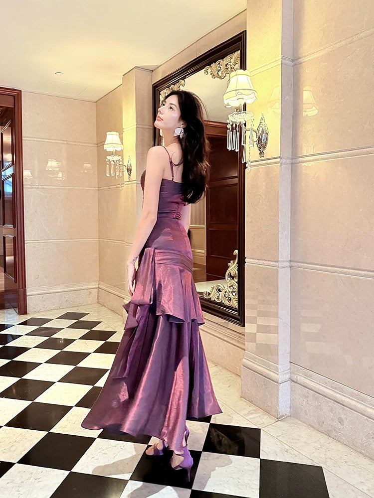 Retro Mermaid Spaghetti Straps Long Length Grape Evening Dress Prom Dresses