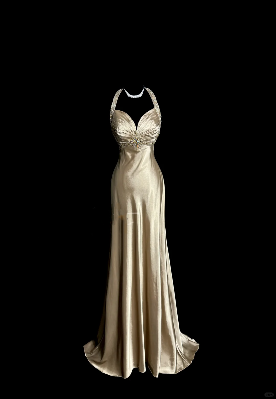 Aesthetic A-Line Halter Neckline Champagne Satin Prom Dress Ruffle Long Party Dress - FashionDia