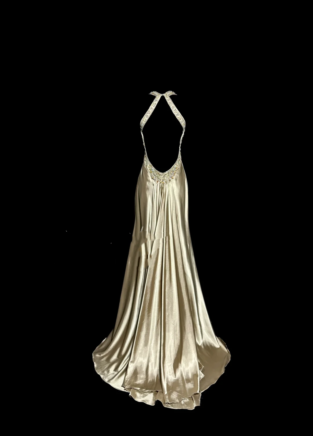 Aesthetic A-Line Halter Neckline Champagne Satin Prom Dress Ruffle Long Party Dress - View 3 | FashionDia