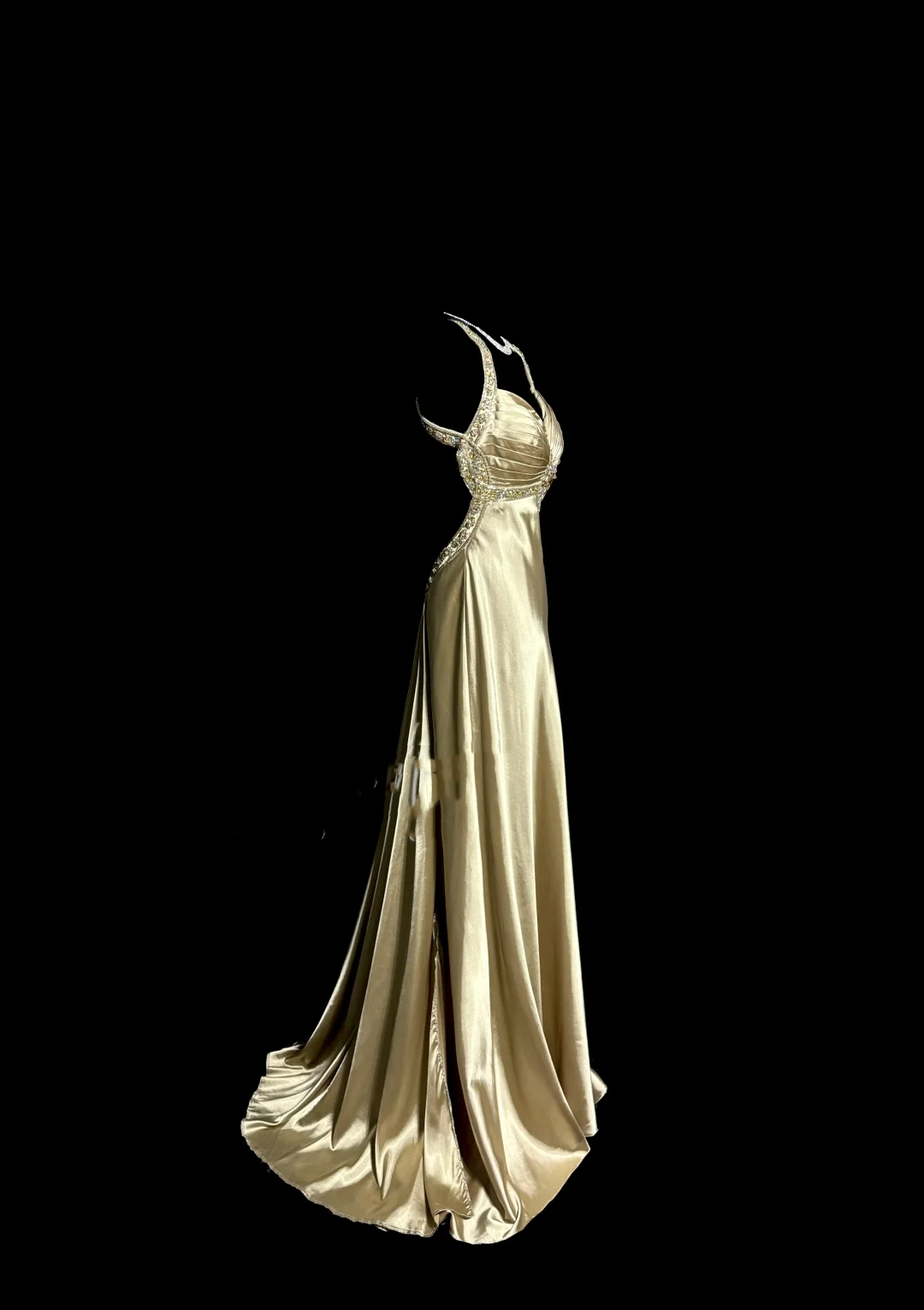 Aesthetic A-Line Halter Neckline Champagne Satin Prom Dress Ruffle Long Party Dress - View 2 | FashionDia