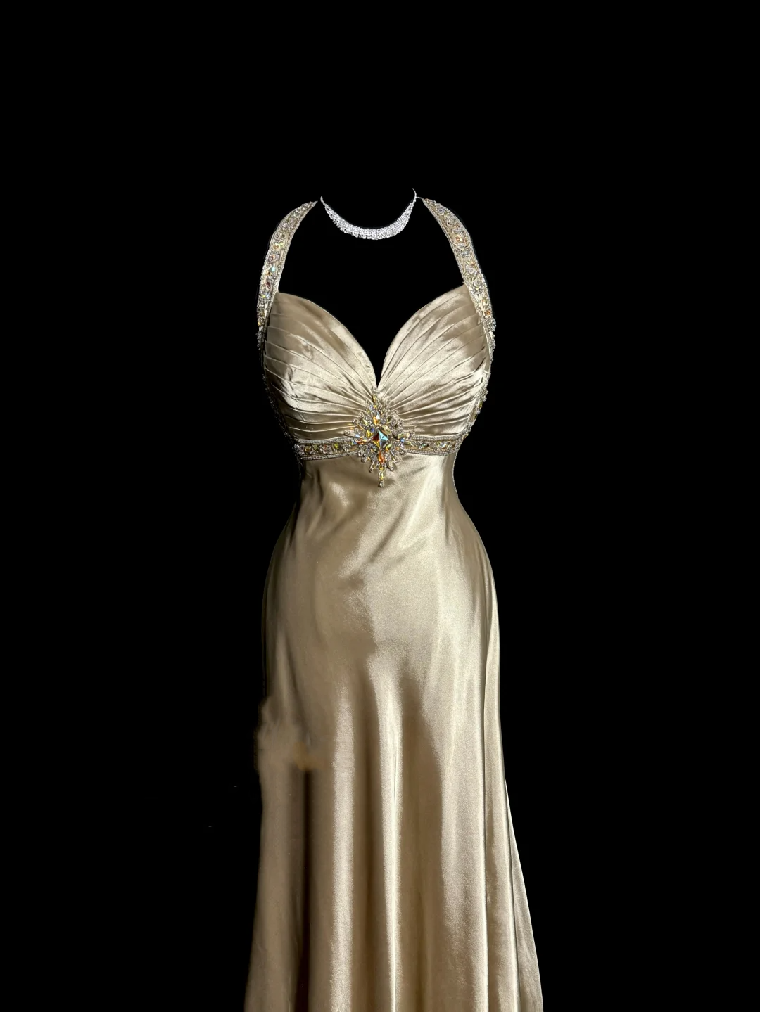 Aesthetic A-Line Halter Neckline Champagne Satin Prom Dress Ruffle Long Party Dress - View 6 | FashionDia
