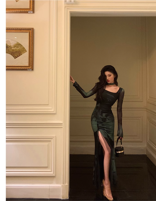 Chic Sheath Square Neckline Long Sleeves Green Long Prom Dresses Birthday Dress - FashionDia