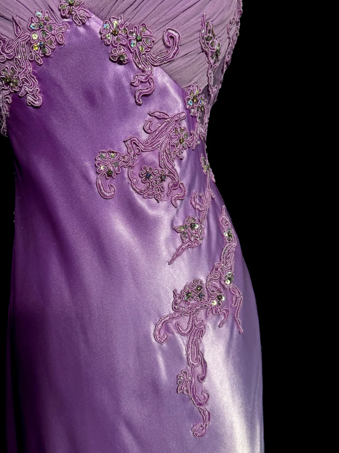 Aesthetic A-Line Halter Neckline Lilac Satin Prom Dress Ruffle Long Party Dress - View 4 | FashionDia