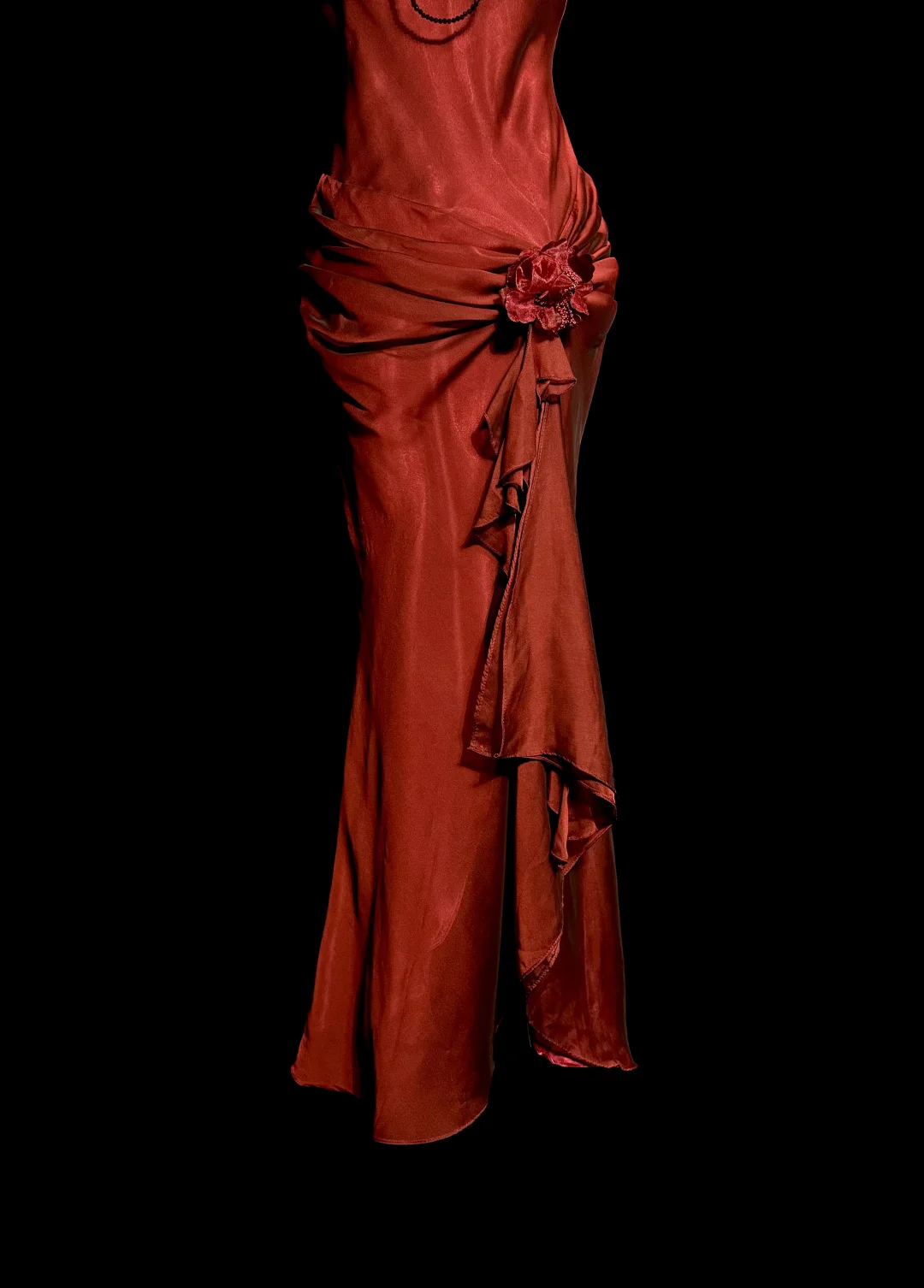 Aesthetic Mermaid Halter Neckline Red Satin Prom Dress Ruffle Long Party Dress