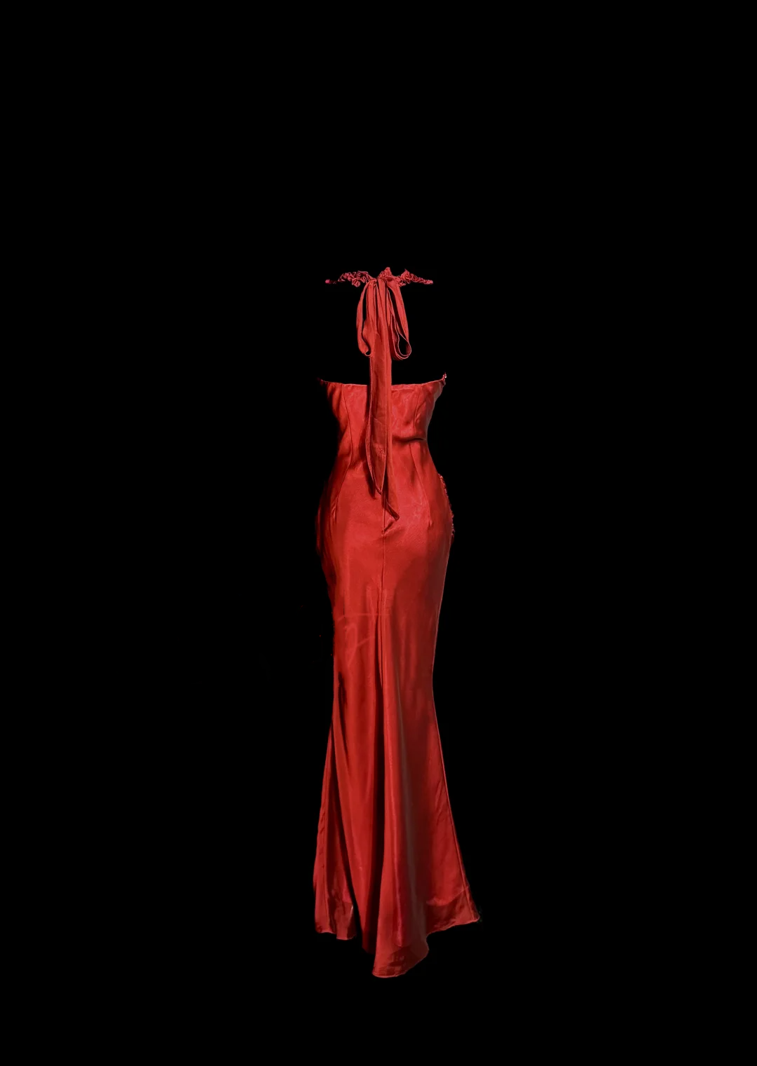Aesthetic Mermaid Halter Neckline Red Satin Prom Dress Ruffle Long Party Dress