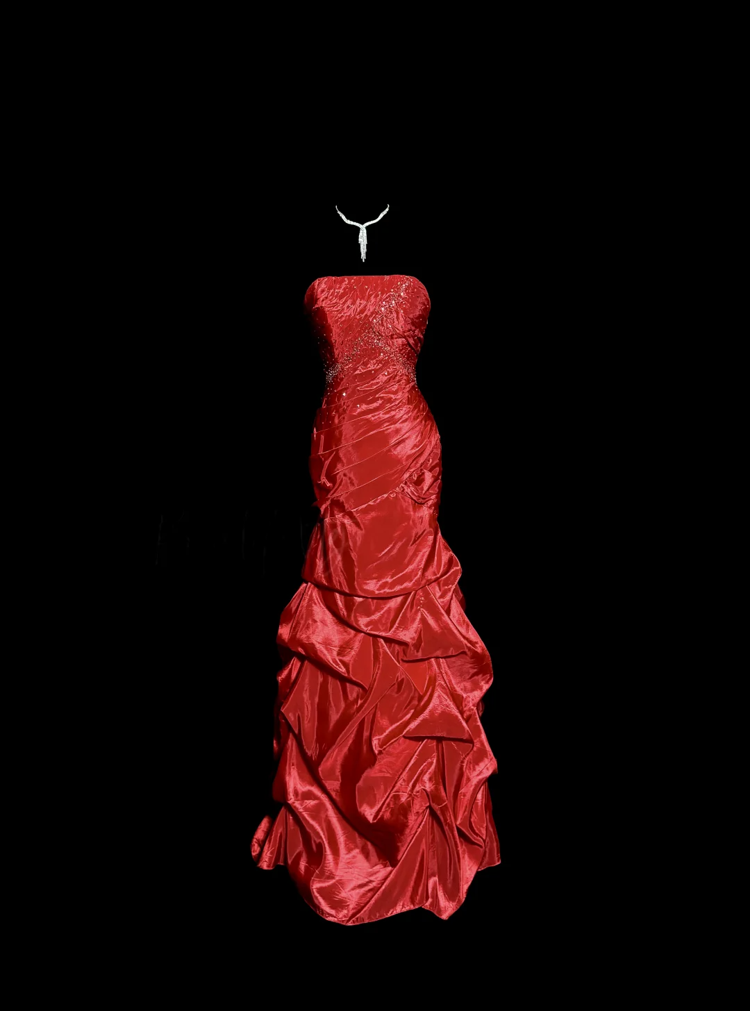 Aesthetic Mermaid Strapless Neckline Red Taffeta Prom Dress Ruffle Long Party Dress - FashionDia
