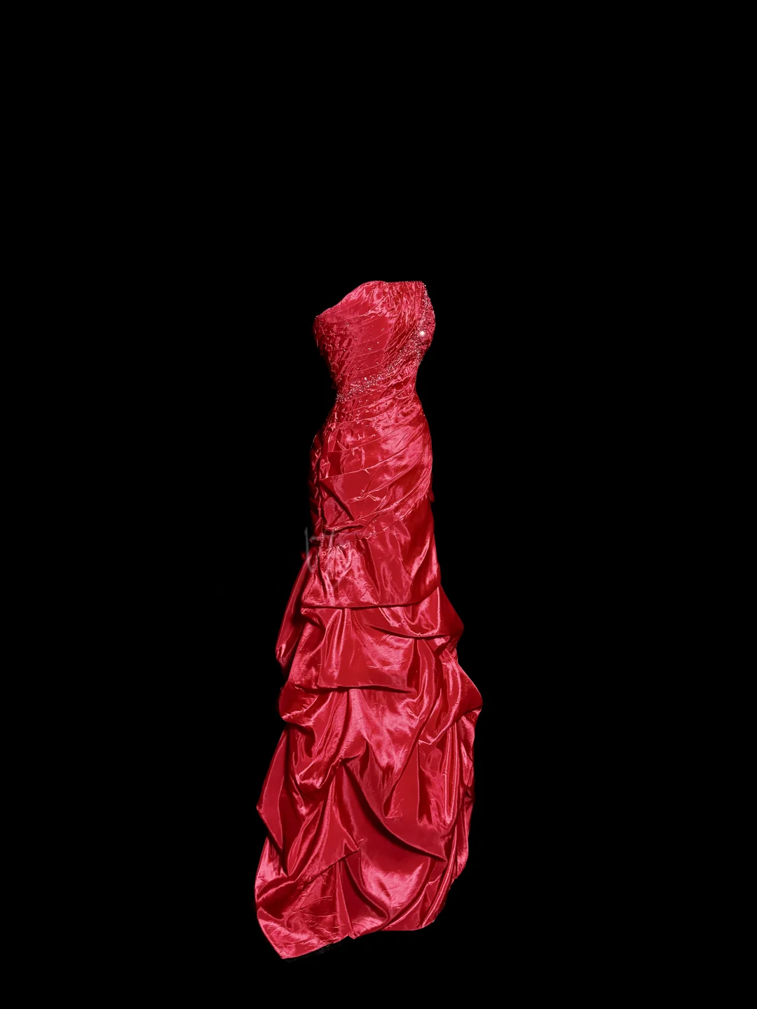 Aesthetic Mermaid Strapless Neckline Red Taffeta Prom Dress Ruffle Long Party Dress - View 2 | FashionDia