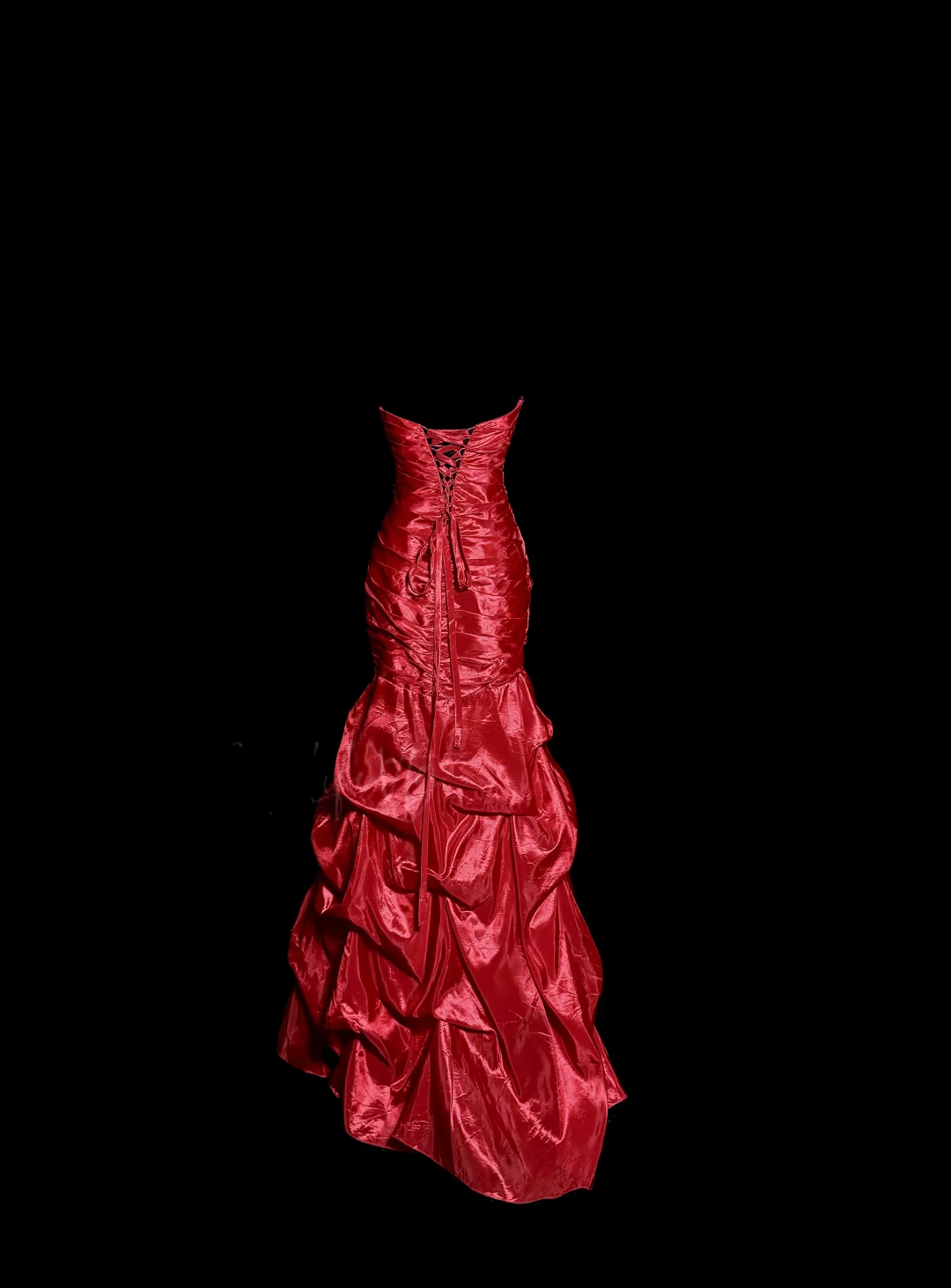 Aesthetic Mermaid Strapless Neckline Red Taffeta Prom Dress Ruffle Long Party Dress - View 3 | FashionDia
