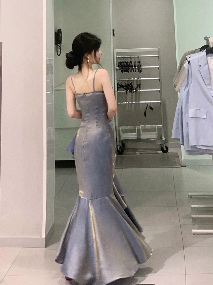 Vintage Mermaid Spaghetti Straps Gray Long Party Dresses Birthday Outfits
