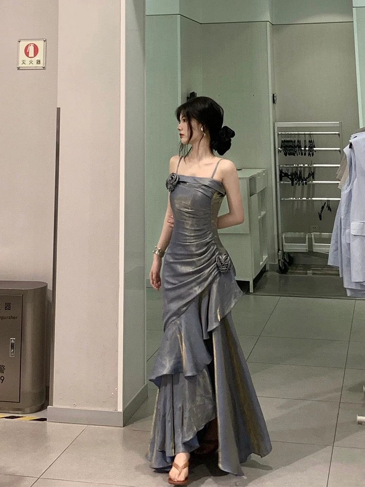 Vintage Mermaid Spaghetti Straps Gray Long Party Dresses Birthday Outfits