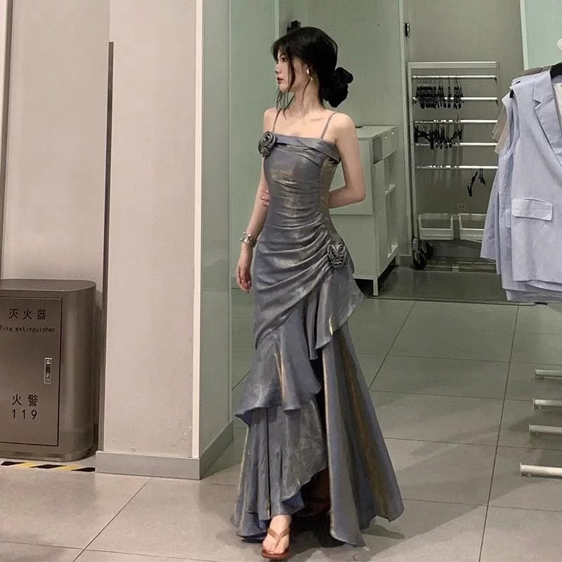 Vintage Mermaid Spaghetti Straps Gray Long Party Dresses Birthday Outfits