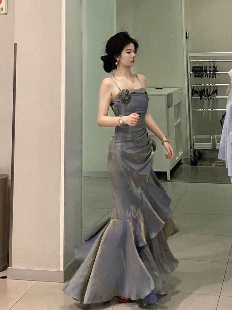 Vintage Mermaid Spaghetti Straps Gray Long Party Dresses Birthday Outfits