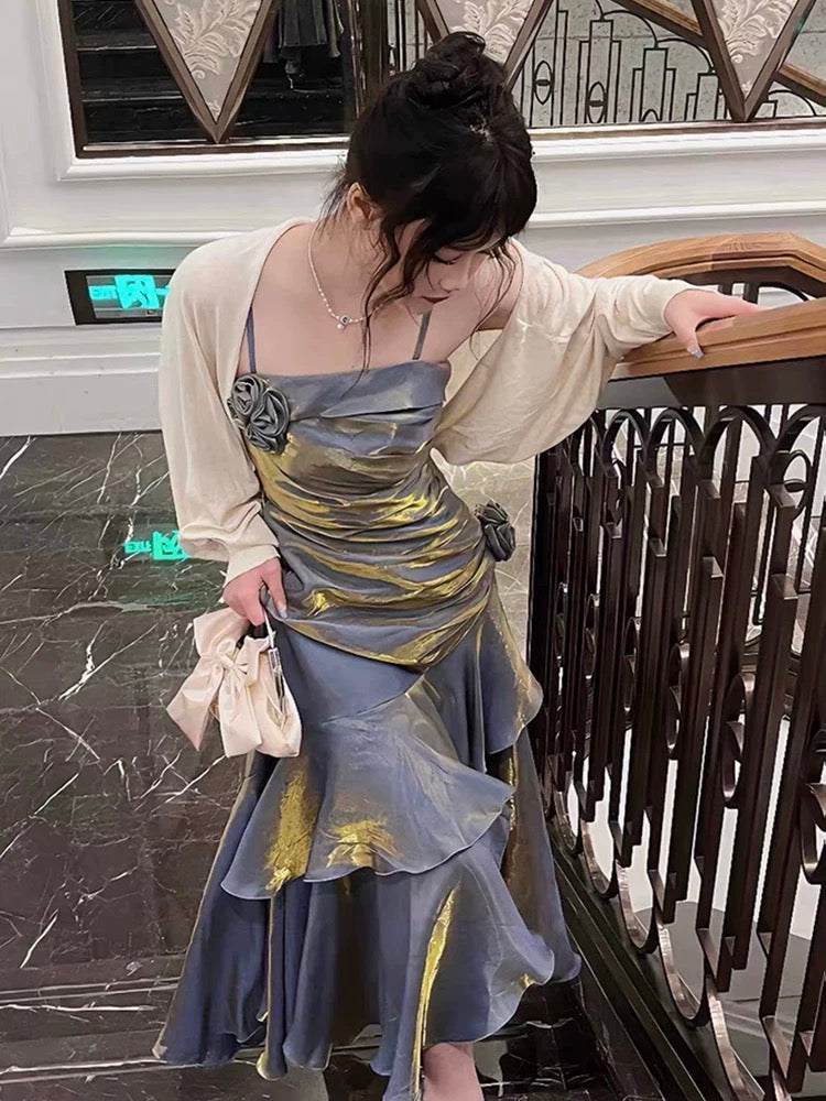 Vintage Mermaid Spaghetti Straps Gray Long Party Dresses Birthday Outfits