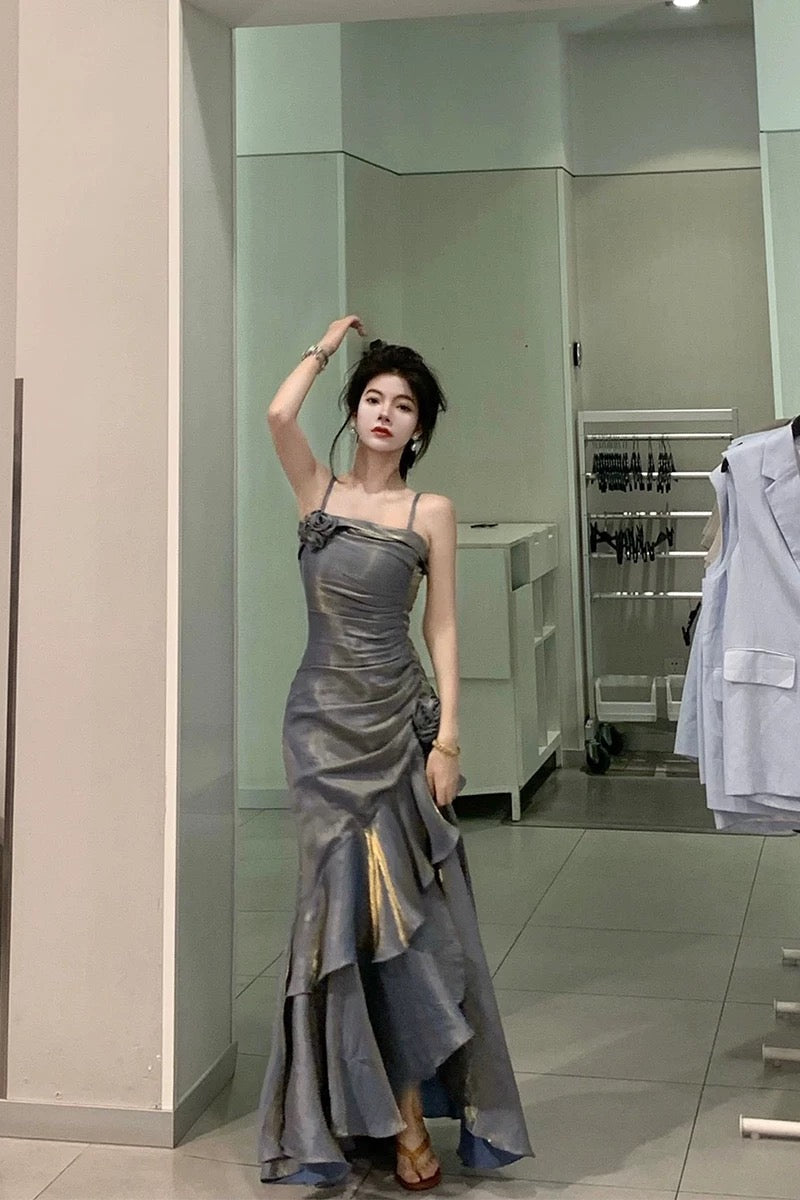Vintage Mermaid Spaghetti Straps Gray Long Party Dresses Birthday Outfits