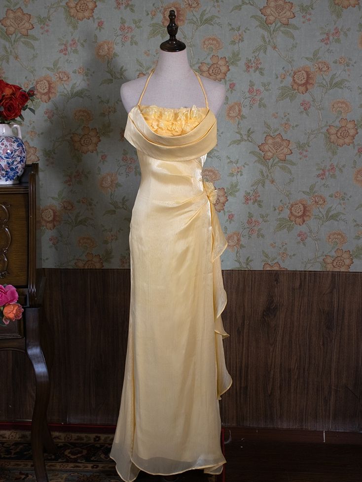 Vintage Yellow Halter Neck Floral Prom Gown Fairy Princess Prom Dress - FashionDia